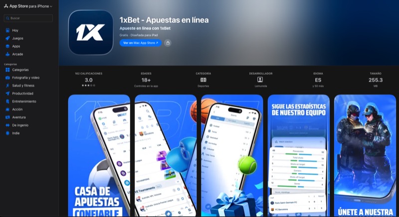 1xBet app on the Apple App Store showing 3.0 rating and sports betting screenshots