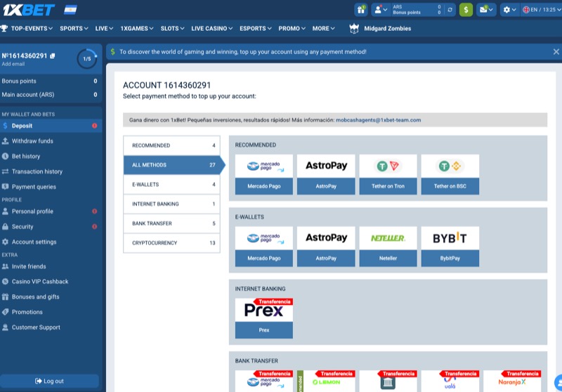 1xBet deposit page showing payment method categories