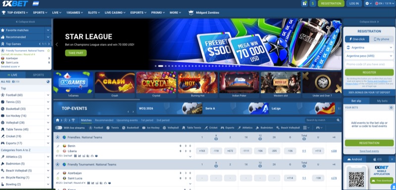 1xBet homepage sportsbook accessed via mirror link showing full functionality