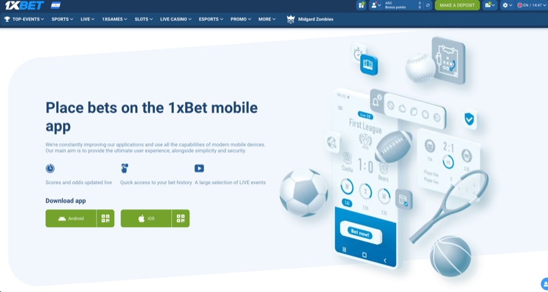1xBet mobile app download page showing Place bets on the 1xBet mobile app with Android and iOS options