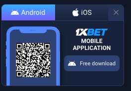 1xBet official app download page showing QR code and platform options