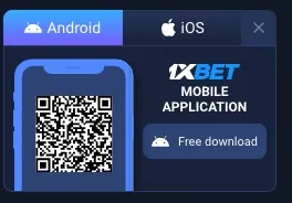 1xBet official app download page showing QR code and platform options